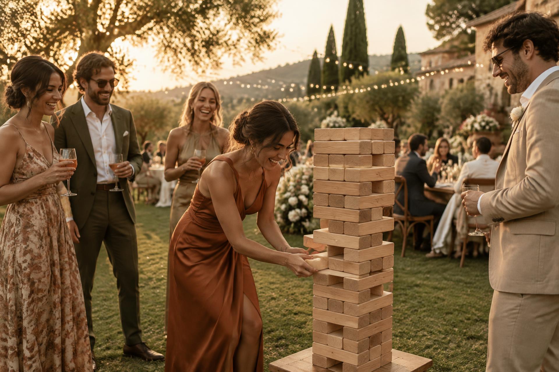 Gostje igrajo veliko leseno igro Jenga na vrtni poroki